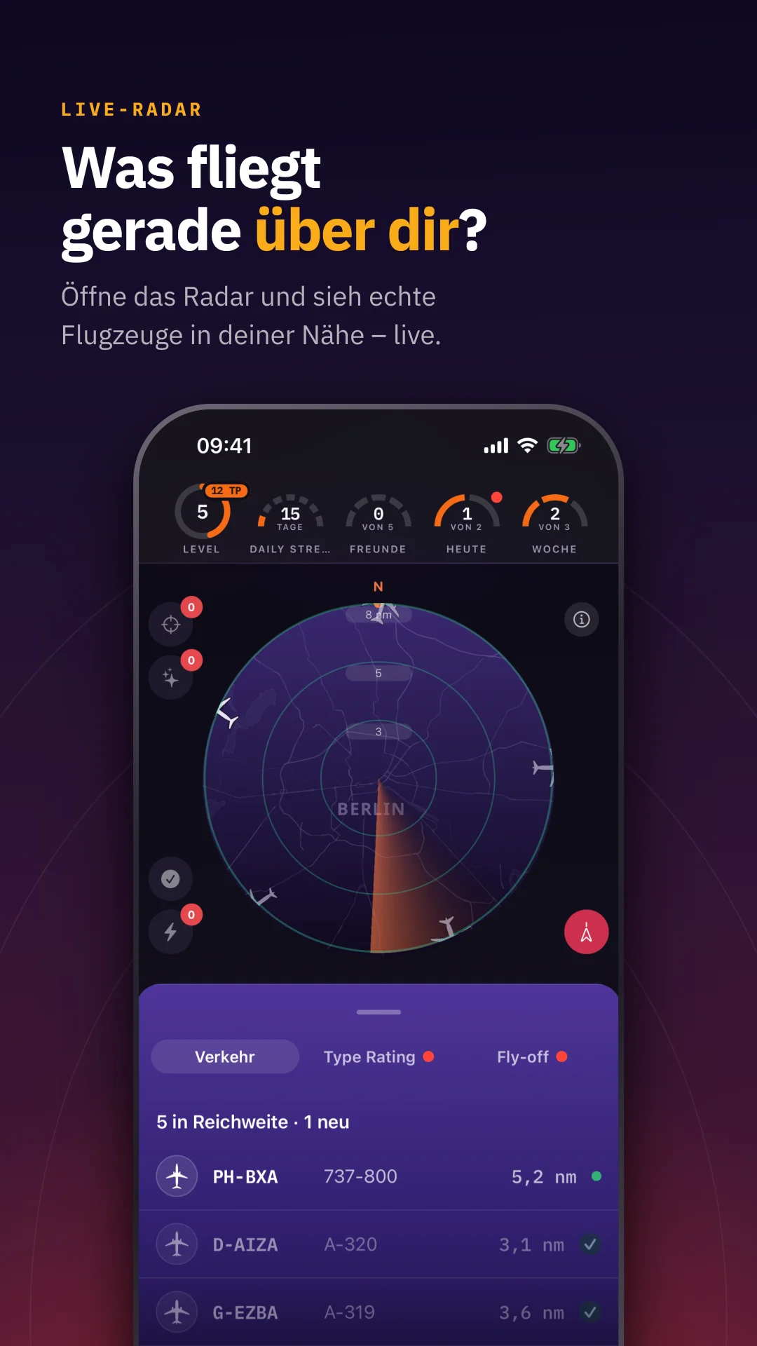 Das CatchFlights-Radar über Berlin mit fünf Flugzeugen in Reichweite und der Verkehrsliste darunter