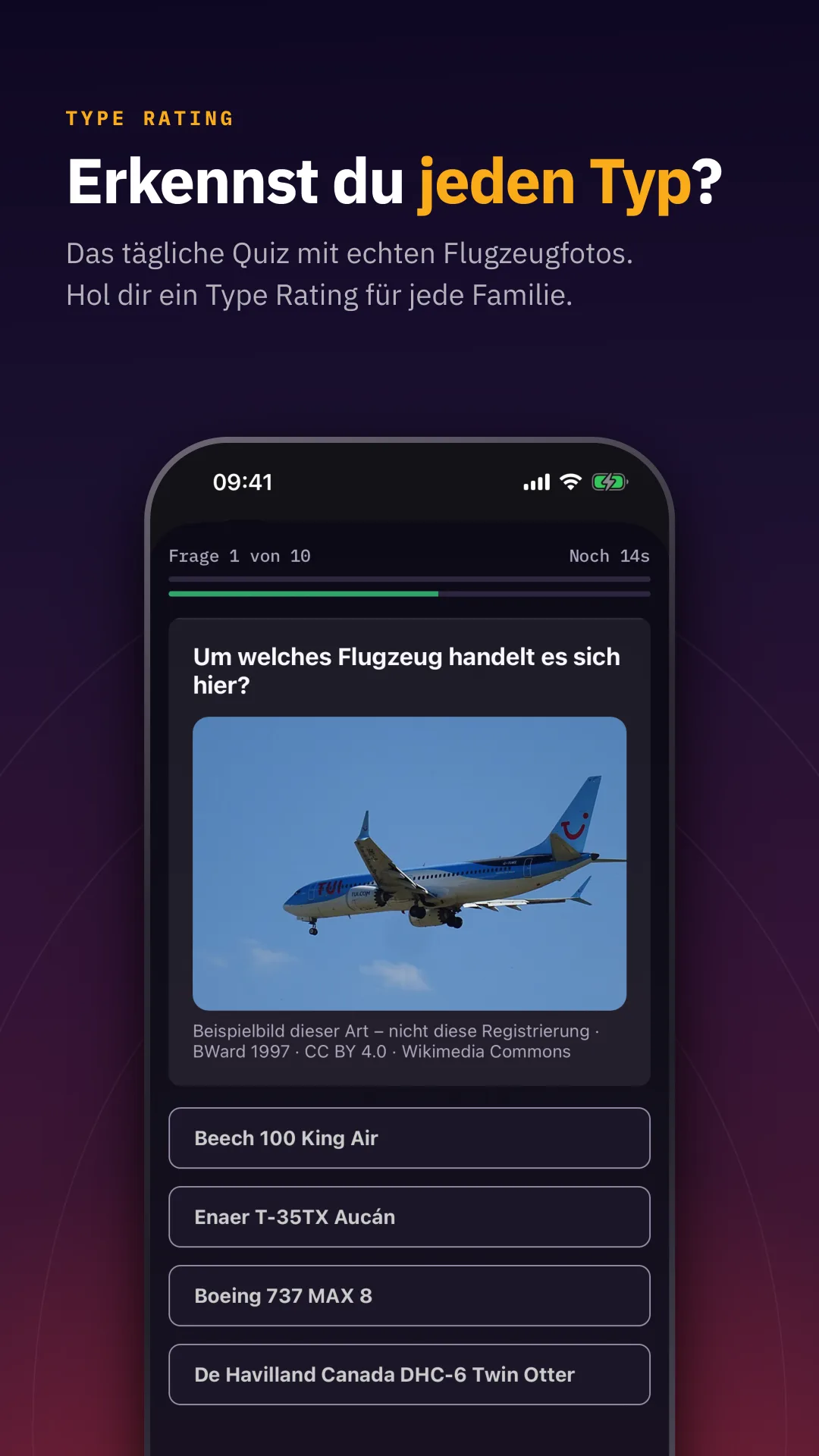 Erkennst du jeden Typ? — Das tägliche Quiz mit echten Flugzeugfotos. Hol dir ein Type Rating für jede Familie.