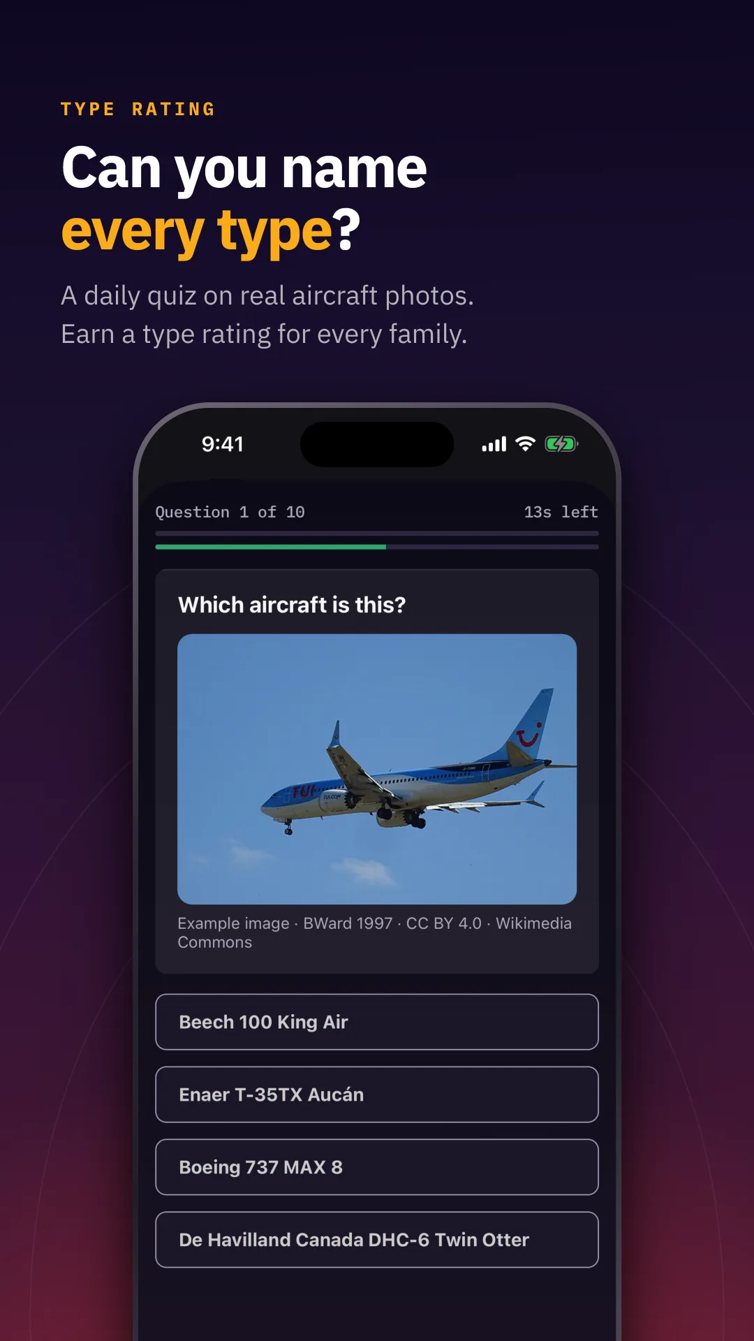Can you name every type? — A daily quiz on real aircraft photos. Earn a type rating for every family.