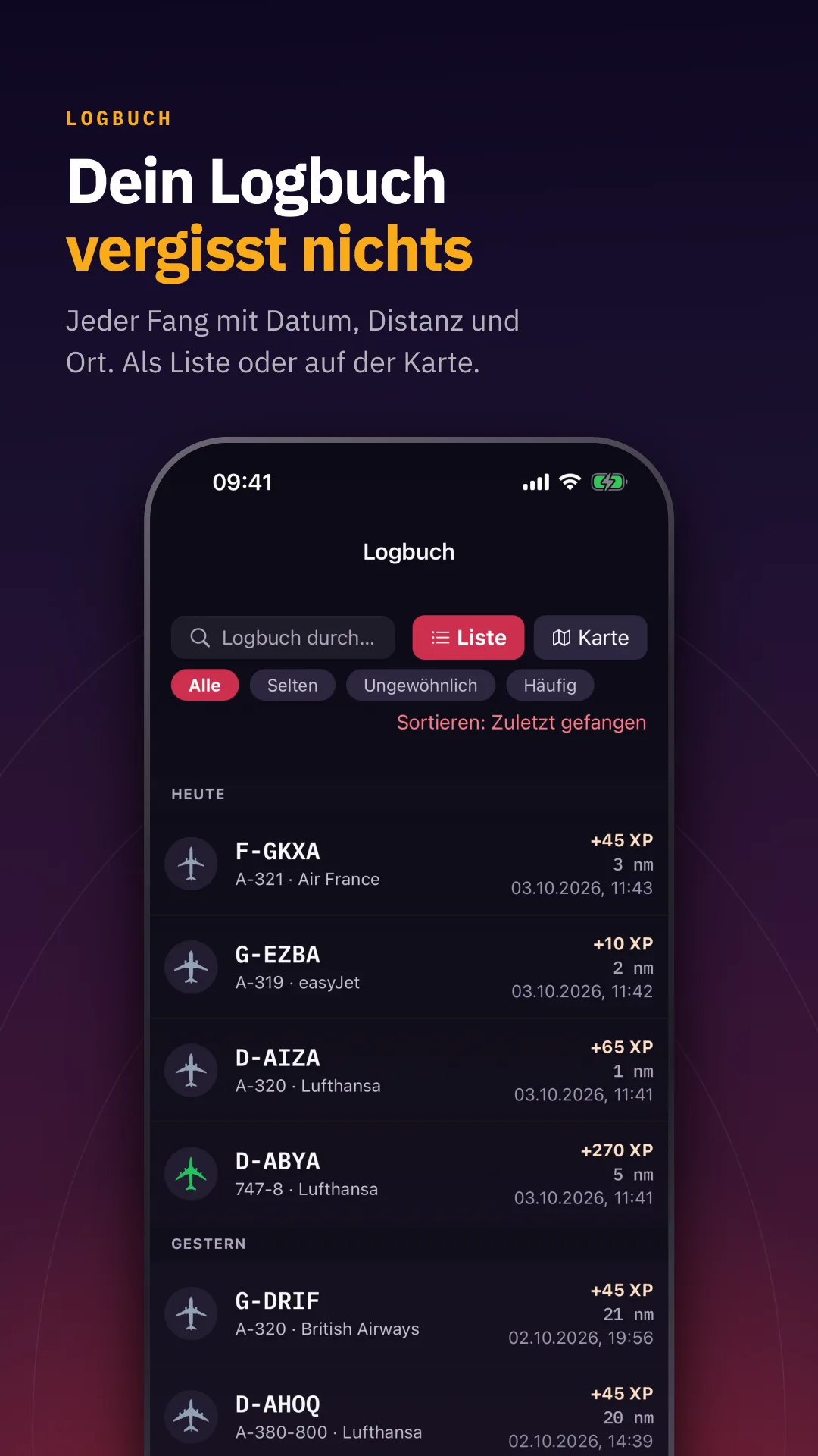 Dein Logbuch vergisst nichts — Jeder Fang mit Datum, Distanz und Ort. Als Liste oder auf der Karte.